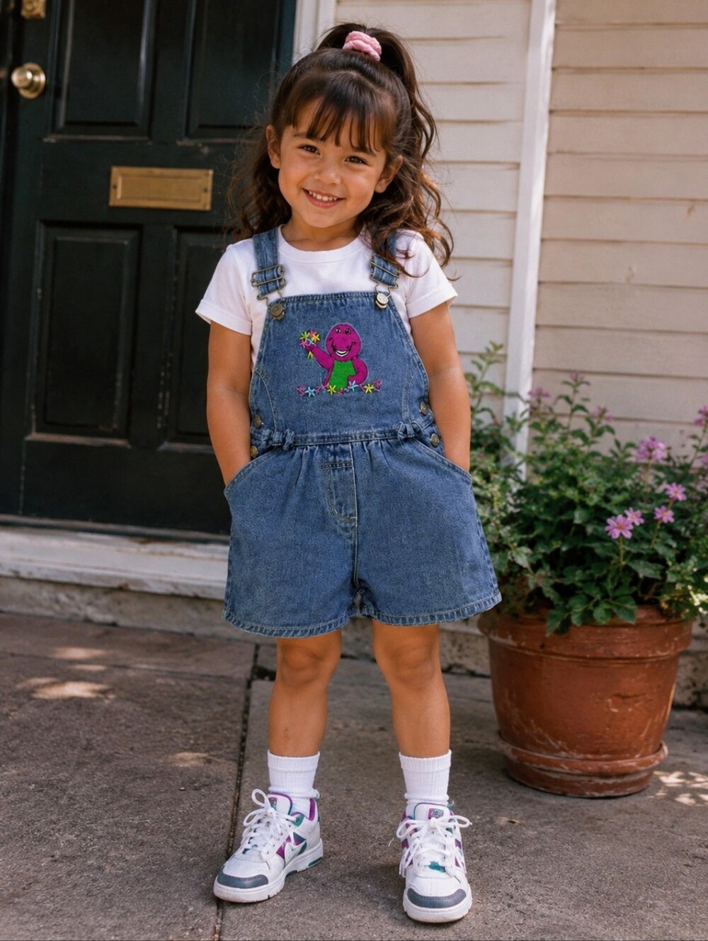 Rare Vintage Barney Denim Short Overalls 4T Kids Retro Y2K 90s Cartoon Character